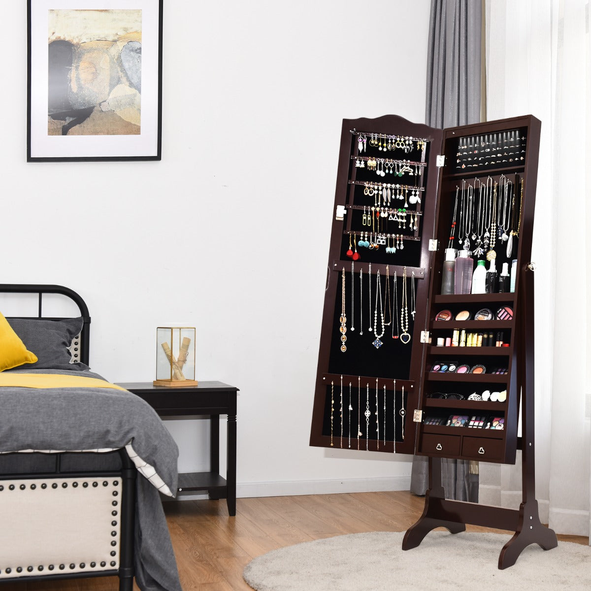 Armário de Jóias com 14 Luzes LED e 2 Gavetas Regulável em 4 Ângulos Ideal para Quarto 41,5 x 37 x 160 cm Castanho
