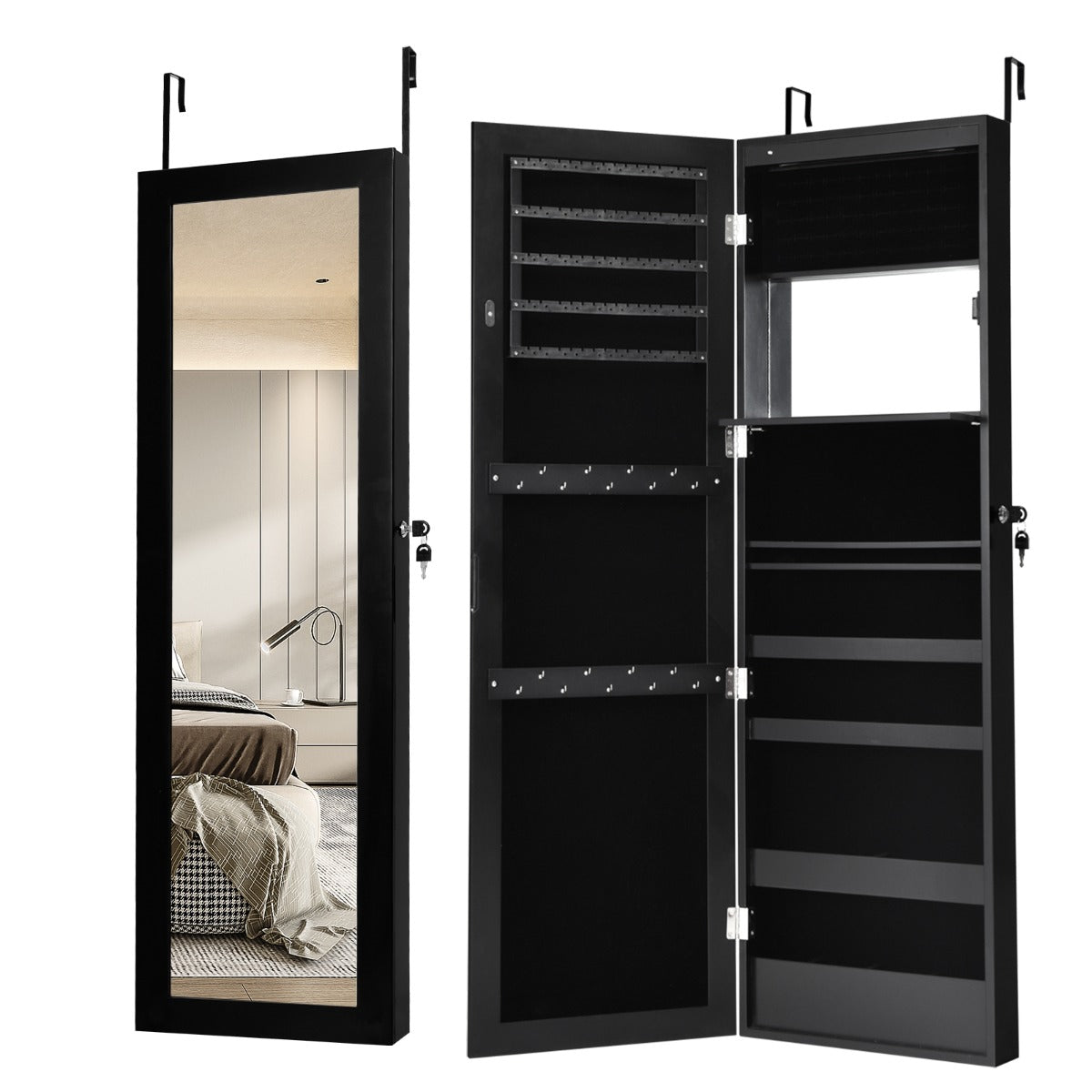 Armário de Jóias com Espelho LED de 12 Luzes Organizador de Jóias Montado na Parede Caixa de Jóias 37 x 8,5 x 120 cm Preto