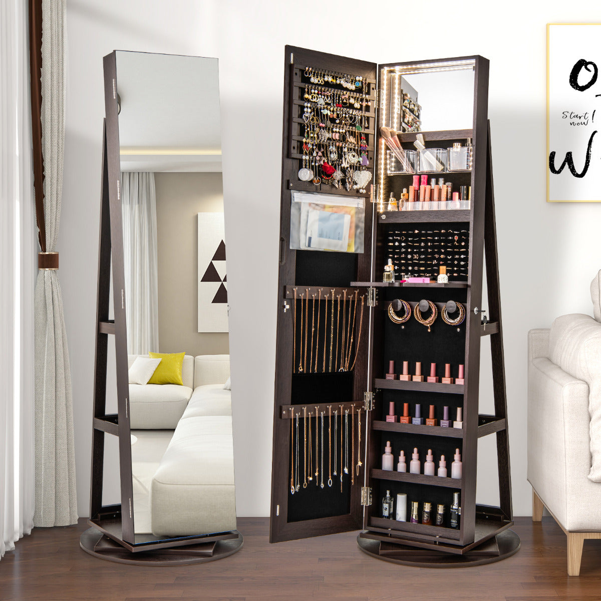 Armário de Jóias Giratório 360° com Luzes LED Espelho de Corpo Inteiro Estantes de Armazenamento 54,5 x 161 cm Café Escuro
