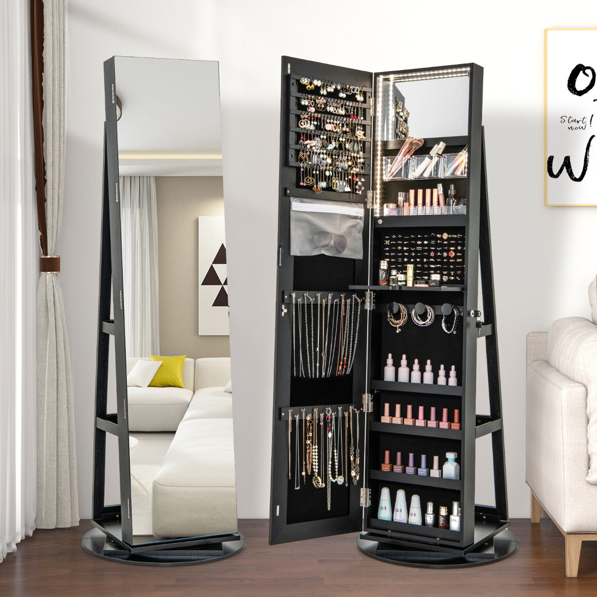 Armário de Joias Giratório 360° com Luzes LED Espelho de Corpo Inteiro Prateleiras de Armazenamento 54,5 x 161 cm Preto