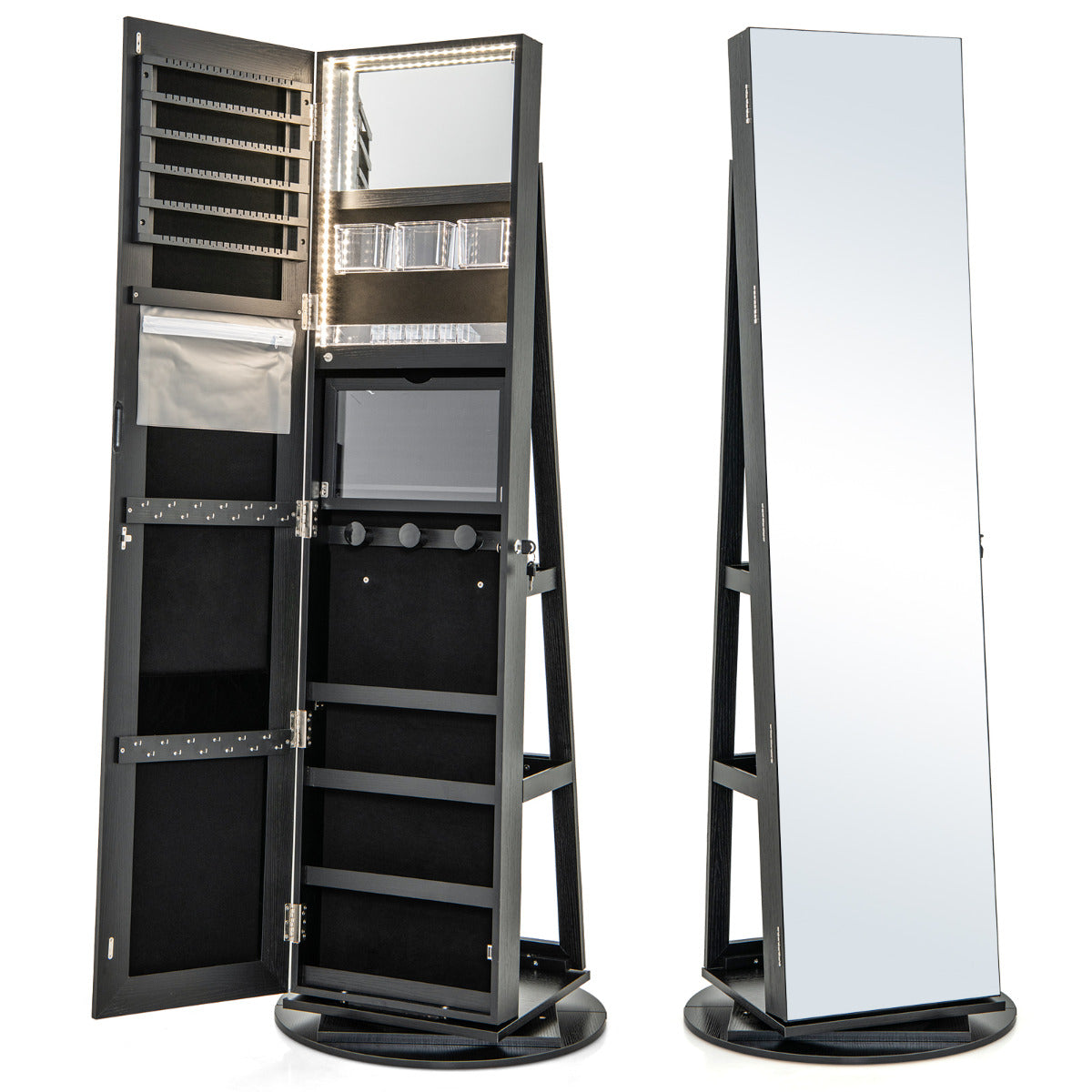 Armário de Joias Giratório 360° com Luzes LED Espelho de Corpo Inteiro Prateleiras de Armazenamento 54,5 x 161 cm Preto