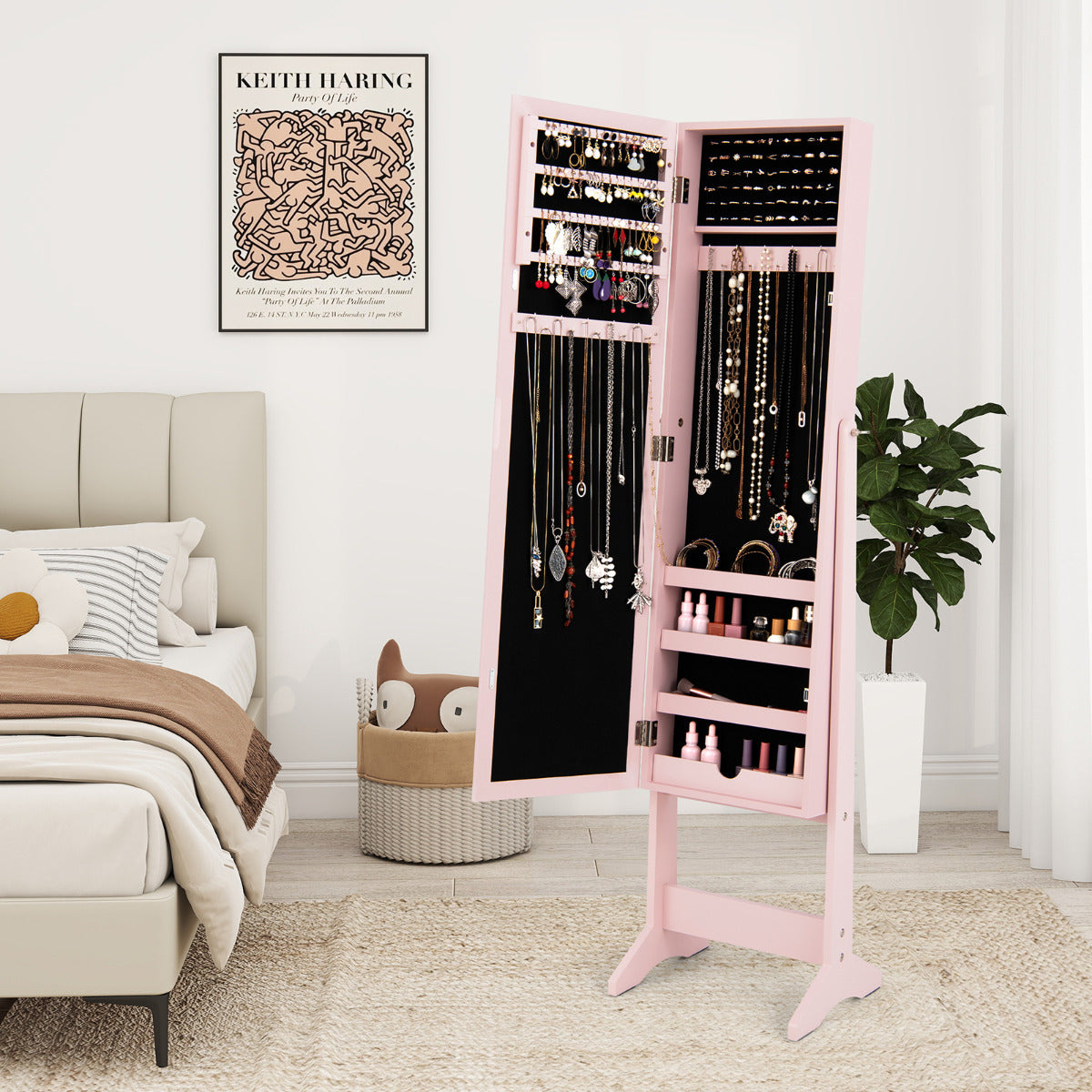 Armário de Jóias com Espelho de Corpo Inteiro e 3 Ângulos Reguláveis Organizador de Jóias 2 em 1 35 x 30 x 144 cm Rosa