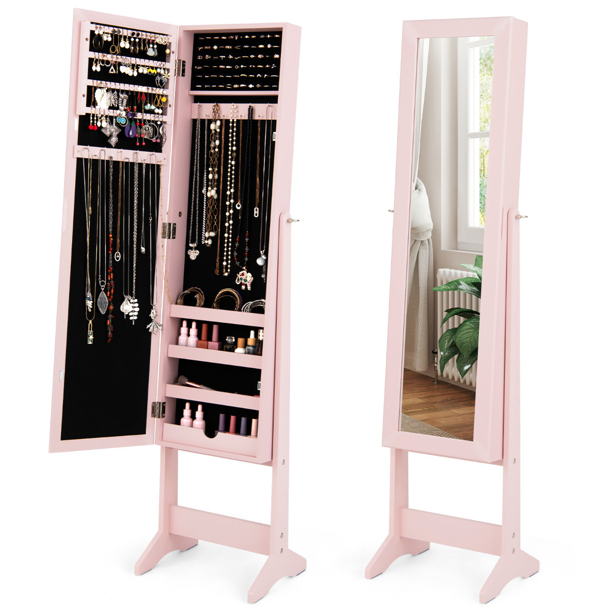 Armário de Jóias com Espelho de Corpo Inteiro e 3 Ângulos Reguláveis Organizador de Jóias 2 em 1 35 x 30 x 144 cm Rosa