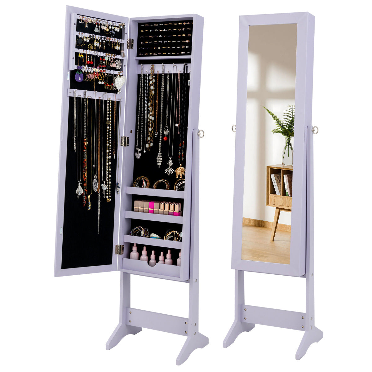 Armário de Jóias com Espelho de Corpo Inteiro e 3 Ângulos Reguláveis Organizador de Jóias 2 em 1 35 x 30 x 144 cm Violeta