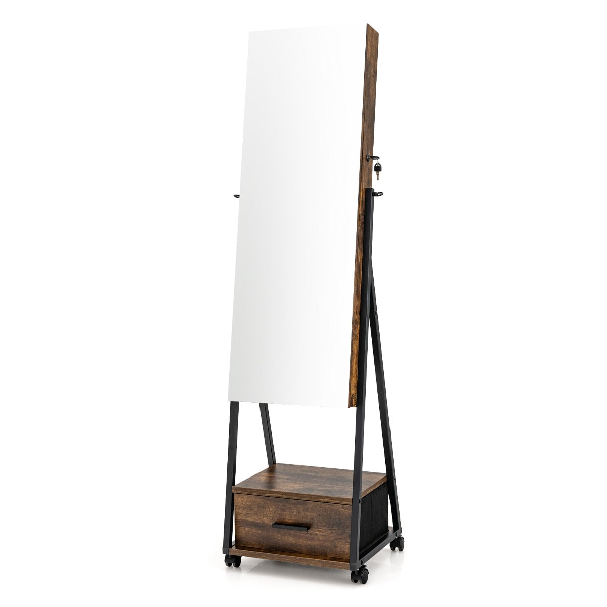 Armário para Joias de Pé com Espelho de Corpo Inteiro Organizador de Joias com Porta Gavetas Rodas Bloqueáveis 42 x 38 x 157 cm Castanho