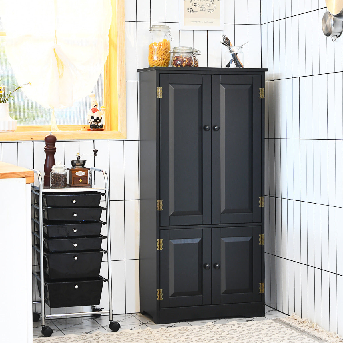 Armário Vertical de Duas Portas com Prateleira Regulável Dispositivo Antitombo Organizador para Sala Quarto Casa de Banho Preto