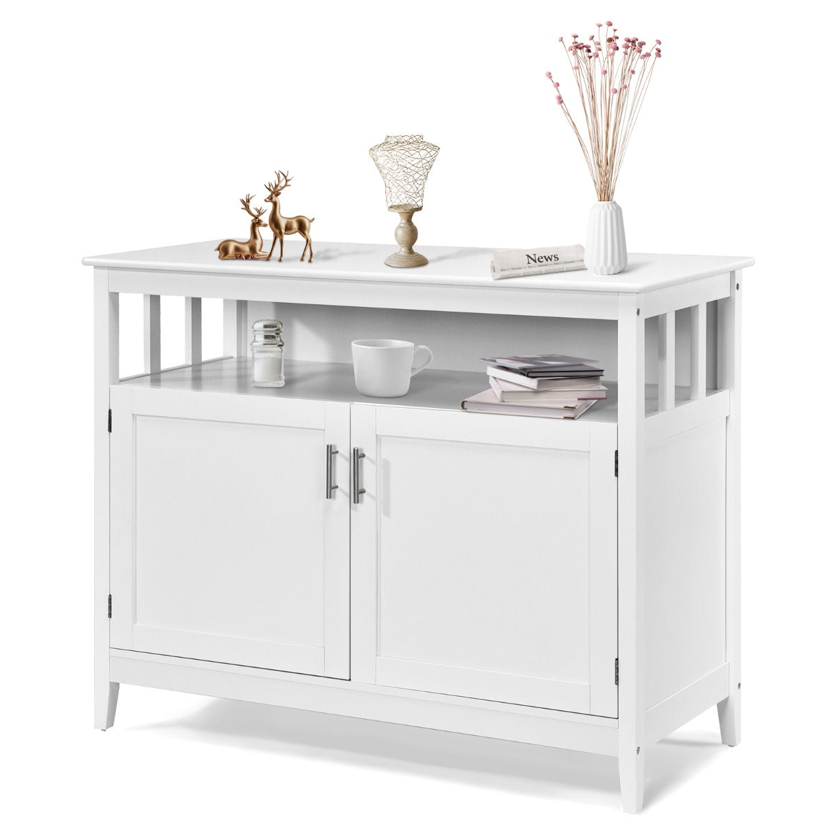 Aparador de Cozinha Moderno com Prateleira Regulável e 2 Portas Móvel Auxiliar em Madeira para Sala de Jantar e Sala 114 x 51 x 91 cm Branco