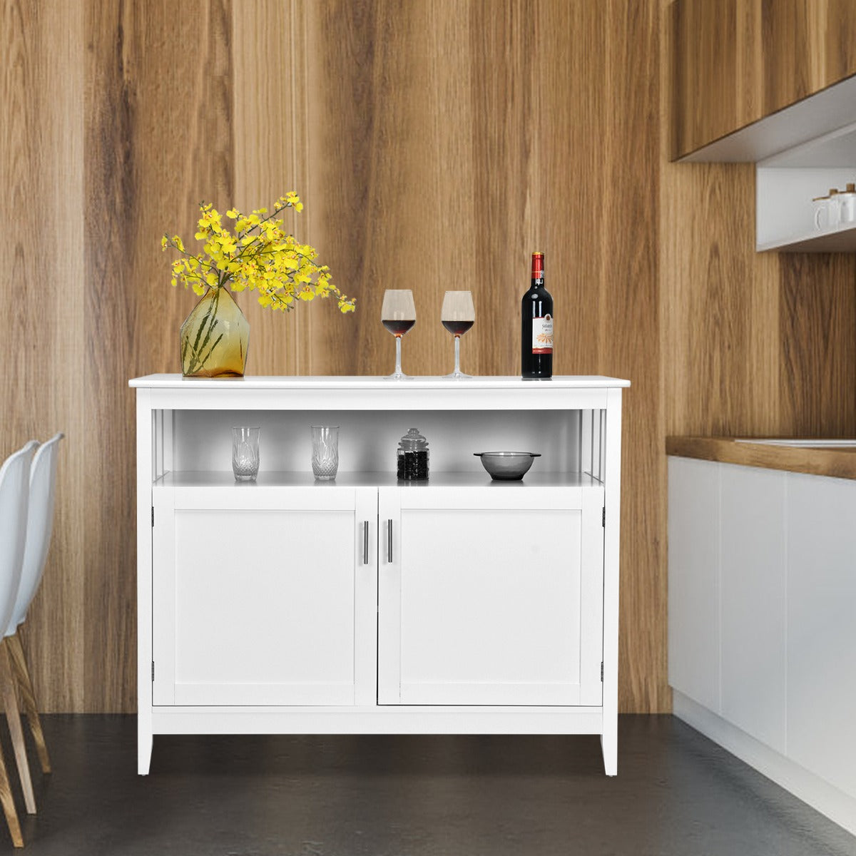 Aparador de Cozinha Moderno com Prateleira Regulável e 2 Portas Móvel Auxiliar em Madeira para Sala de Jantar e Sala 114 x 51 x 91 cm Branco