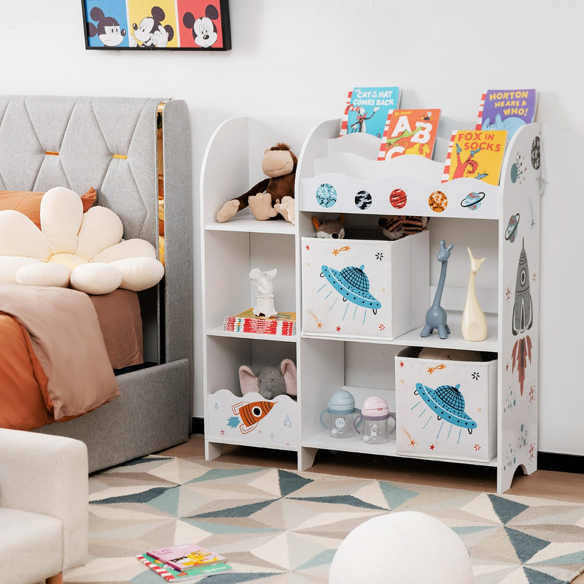 Armário Organizador para Crianças com 3 Níveis, 5 Compartimentos e 2 Gavetas de Tecido para Brinquedos e Livros 93 x 30 x 102 cm Tema Foguetão