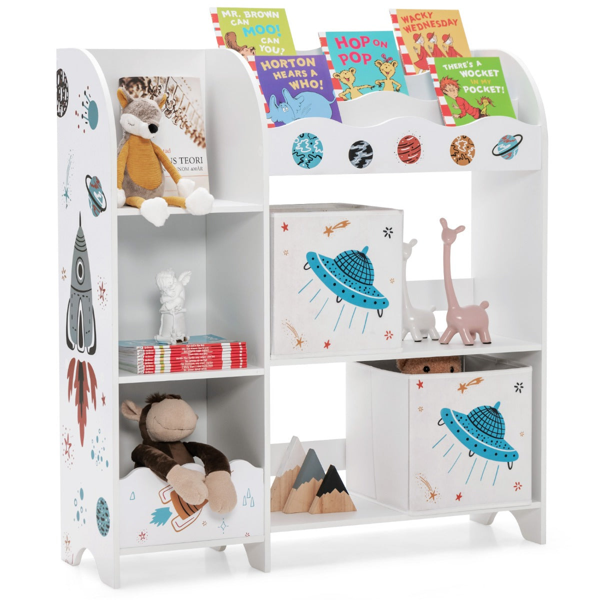 Armário Organizador para Crianças com 3 Níveis, 5 Compartimentos e 2 Gavetas de Tecido para Brinquedos e Livros 93 x 30 x 102 cm Tema Foguetão