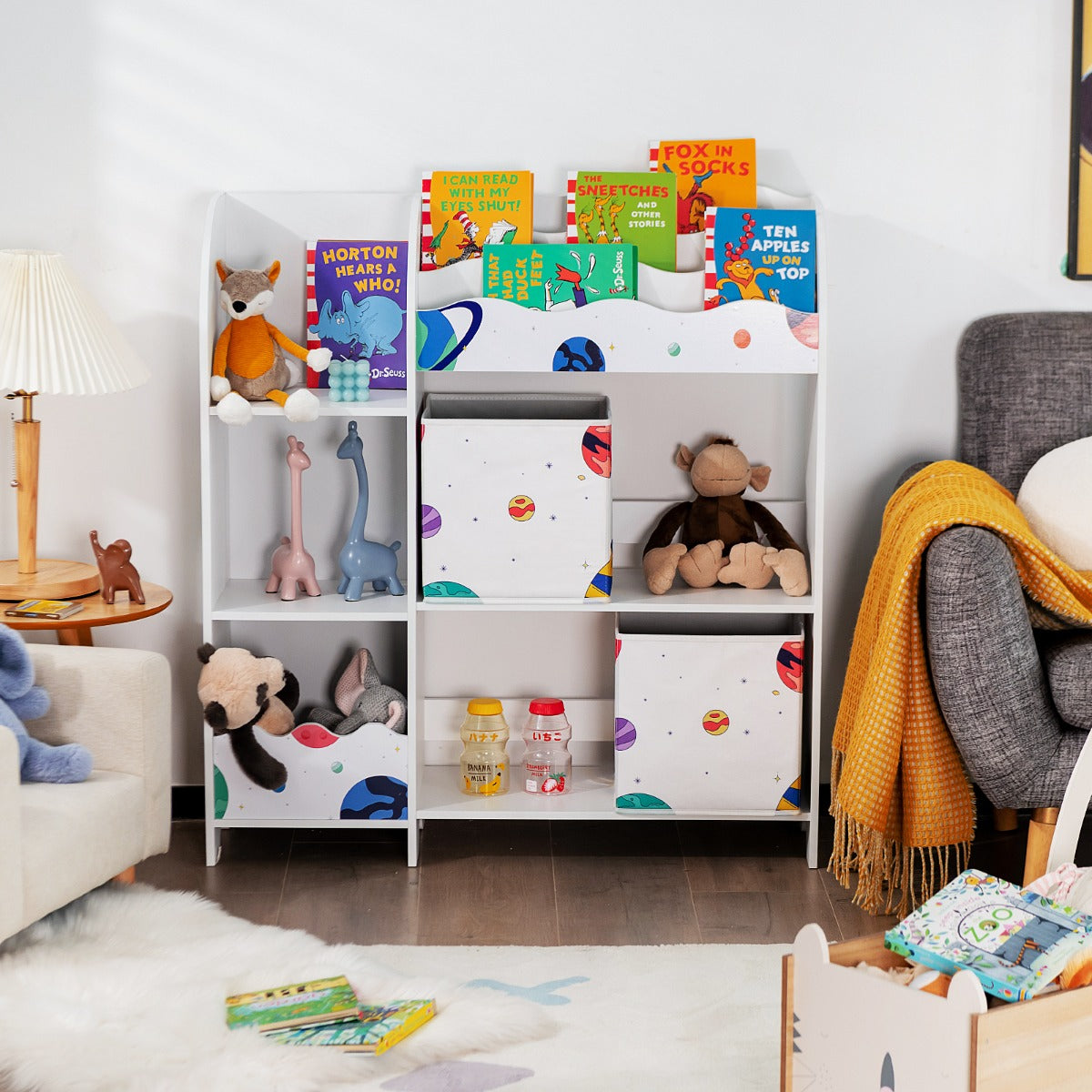 Armário Organizador para Crianças com 3 Níveis, 5 Compartimentos e 2 Gavetas de Tecido para Brinquedos 93 x 30 x 102 cm Tema Astronautas