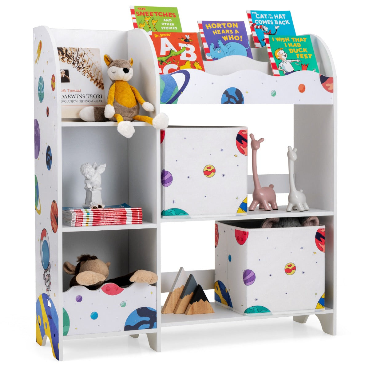 Armário Organizador para Crianças com 3 Níveis, 5 Compartimentos e 2 Gavetas de Tecido para Brinquedos 93 x 30 x 102 cm Tema Astronautas