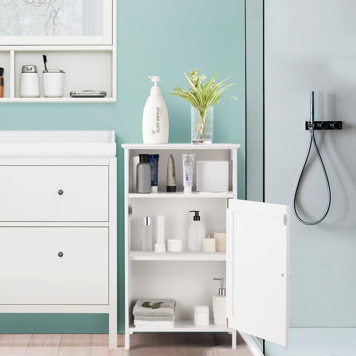 Armário de Casa de Banho em Madeira Multifuncional com Porta Individual e Prateleira Regulável Organizador Moderno 40 x 30 x 70 cm Branco