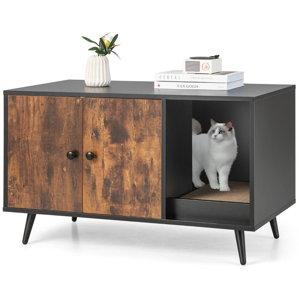 Móvel Multifuncional para Esconder a Caixa de Areia dos Gatos com Portas, Prateleira Aberta e Arranhador para Gatos 90 x 50 x 54 cm Preto e Natural
