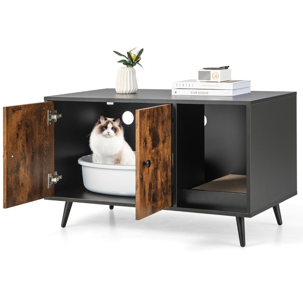 Móvel Multifuncional para Esconder a Caixa de Areia dos Gatos com Portas, Prateleira Aberta e Arranhador para Gatos 90 x 50 x 54 cm Preto e Natural