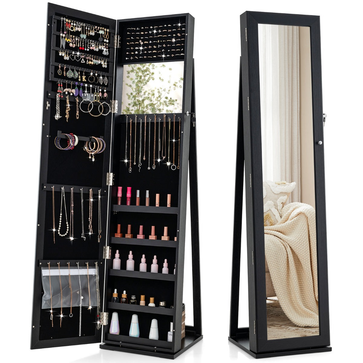 Armário para Joias com Espelho - Armário de Pé Giratório com Fechadura - 91 Slots para Anéis - 38 x 38 x 157,5 cm - Preto
