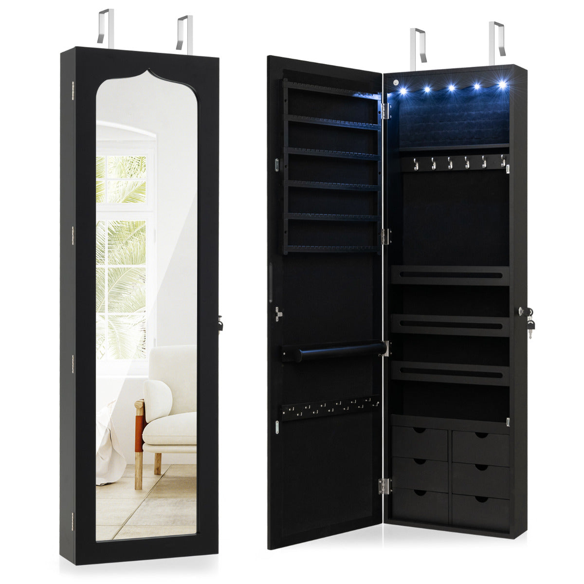 Armário para Joias com Espelho Iluminação LED Fechadura Prateleira Organizador de Joalheiro Montagem em Porta e Parede 36,5 x 11,5 x 120 cm Preto