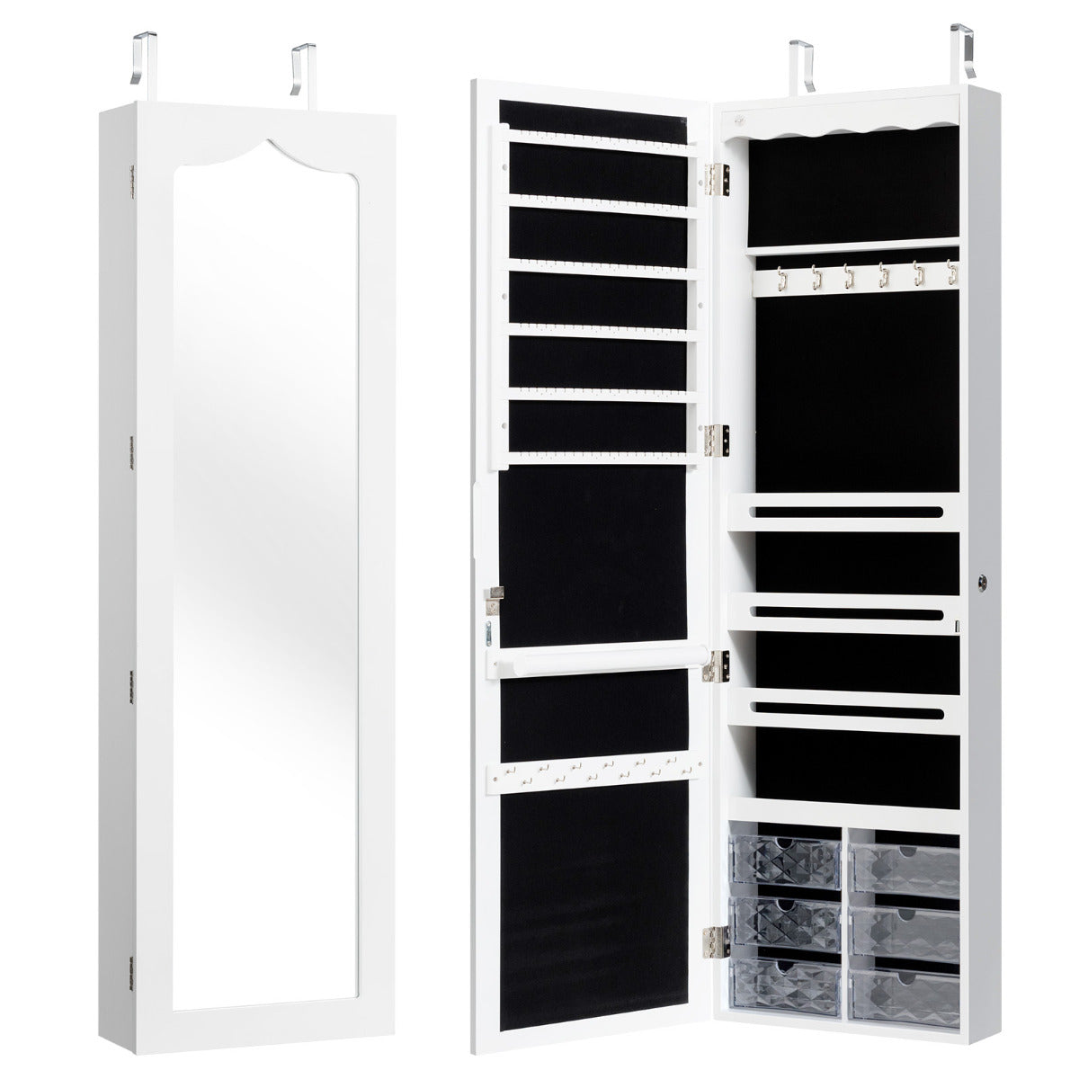 Armário de Jóias com Espelho LED Fechadura Organizador de Jóias Montagem em Porta e Parede 36,5 x 11,5 x 120 cm Branco