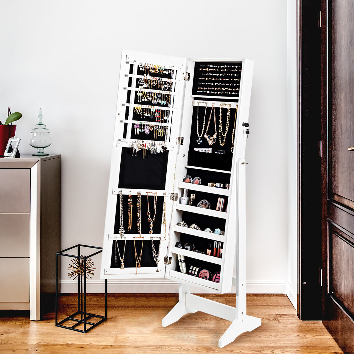 Armário para Joias com Espelho de Corpo Inteiro Organizador de Joalharia com 108 Compartimentos 18 Ganchos 98 Compartimentos 5 Prateleiras 41 x 36,5 x 146 cm Branco