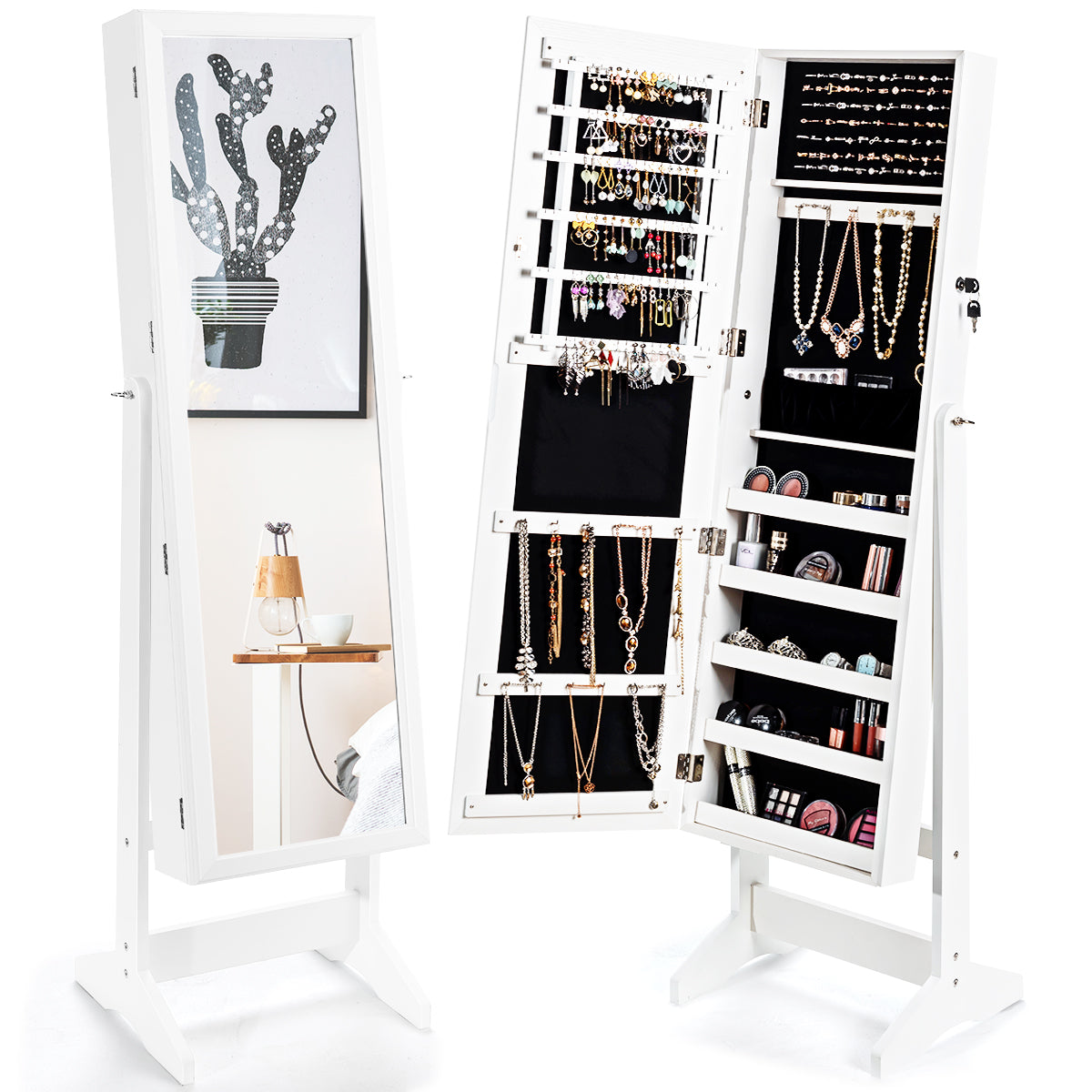 Armário para Joias com Espelho de Corpo Inteiro Organizador de Joalharia com 108 Compartimentos 18 Ganchos 98 Compartimentos 5 Prateleiras 41 x 36,5 x 146 cm Branco