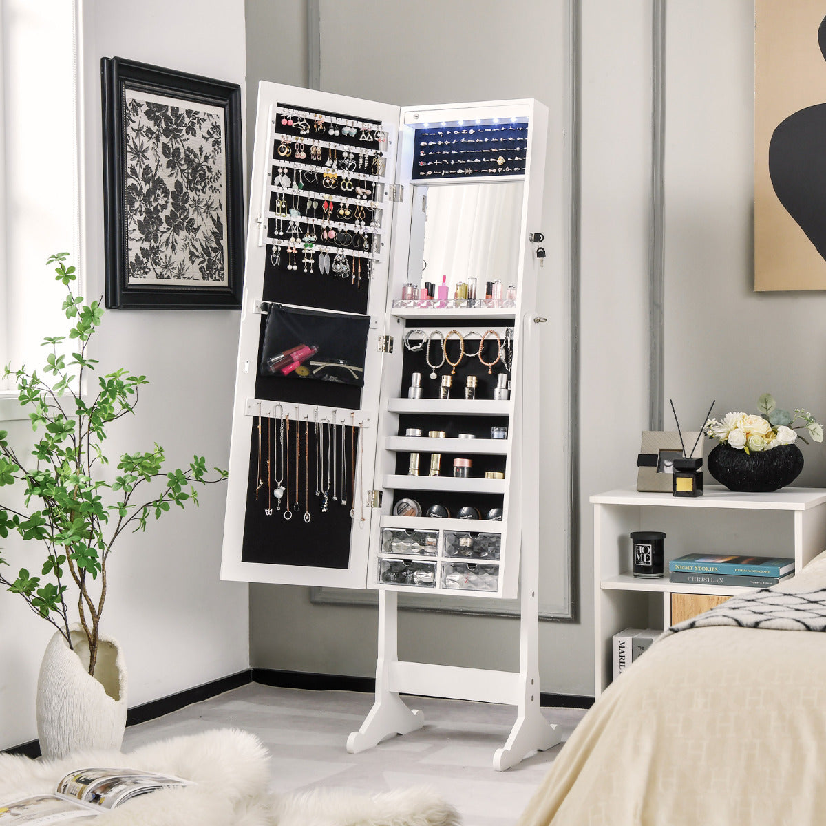 Armário para Joias de Pé com Espelho de Corpo Inteiro, Caixa de Joias com Fechadura, Gavetas, Luz LED, Organizador de Armazenamento para Joias, Branco