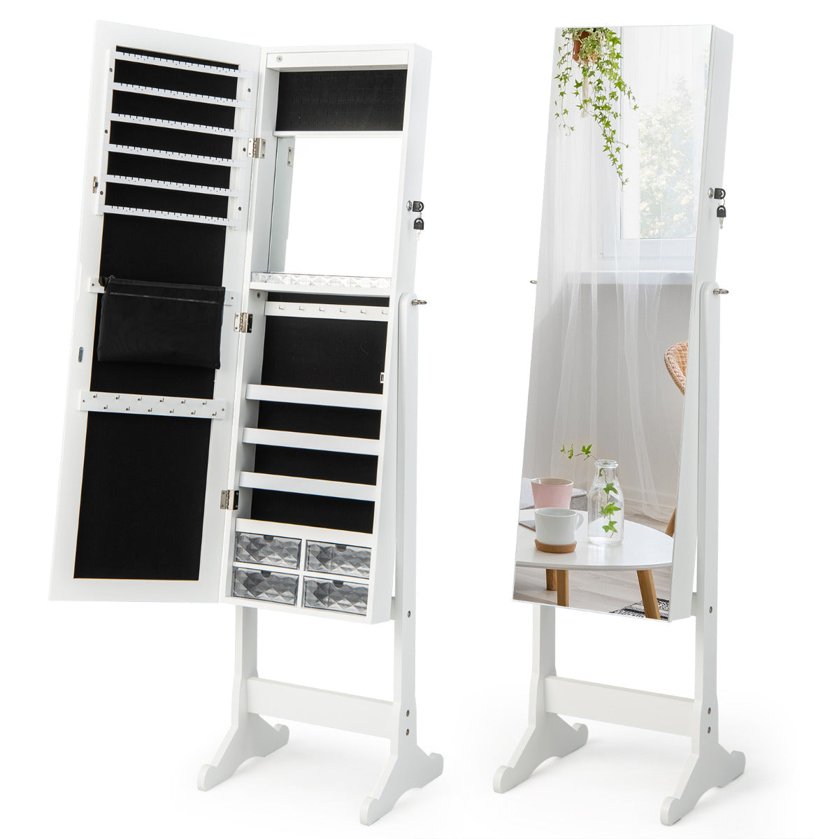 Armário para Joias de Pé com Espelho de Corpo Inteiro, Caixa de Joias com Fechadura, Gavetas, Luz LED, Organizador de Armazenamento para Joias, Branco