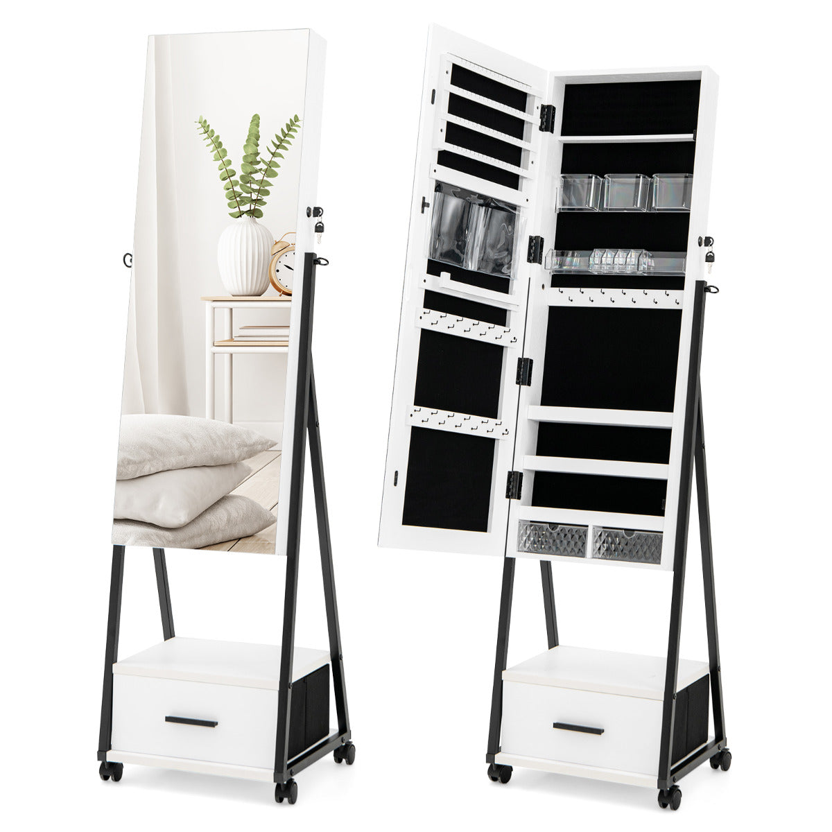 Armário para Joias de Pé com Espelho de Corpo Inteiro Organizador de Joias com Porta Gavetas Rodas Bloqueáveis 42 x 38 x 157 cm Branco