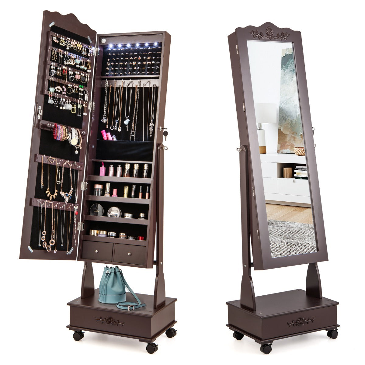 Armário para Joias Organizador com Fechadura e 3 Posições Ajustáveis 4 Rodas e Espelho de Corpo 45 x 35 x 157 cm Castanho