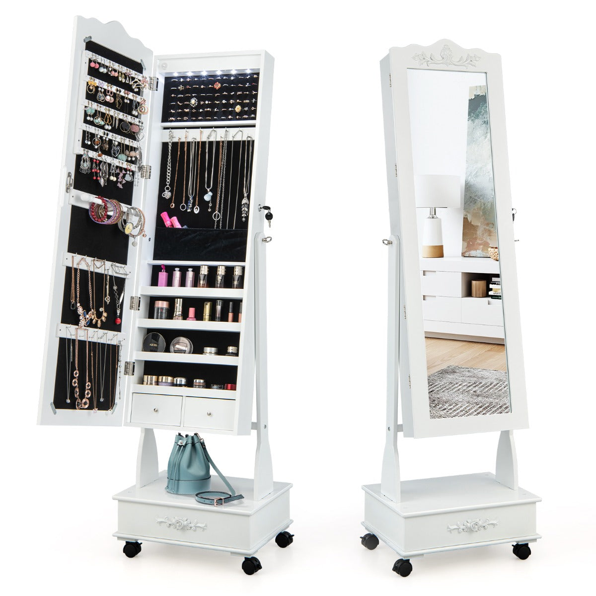 Armário para Joias Organizador com Fechadura e 3 Posições Ajustáveis 4 Rodas e Espelho de Corpo 45 x 35 x 157 cm Branco