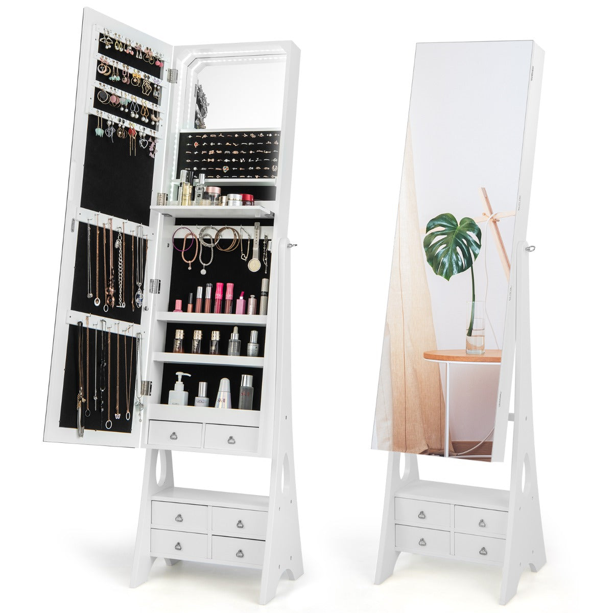 Armário para Joias com Espelho Joalheiro com Luzes LED Ângulo de Inclinação Ajustável Grande Capacidade de Armazenamento 41 x 36 x 159 cm Branco