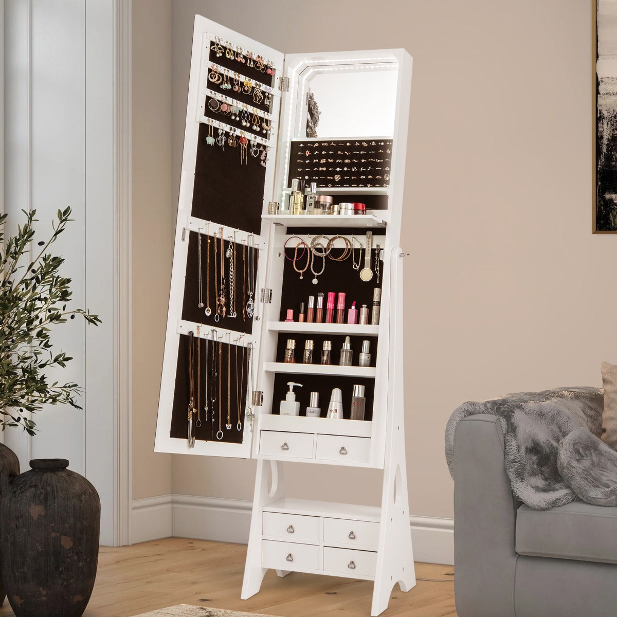 Armário para Joias com Espelho Joalheiro com Luzes LED Ângulo de Inclinação Ajustável Grande Capacidade de Armazenamento 41 x 36 x 159 cm Branco