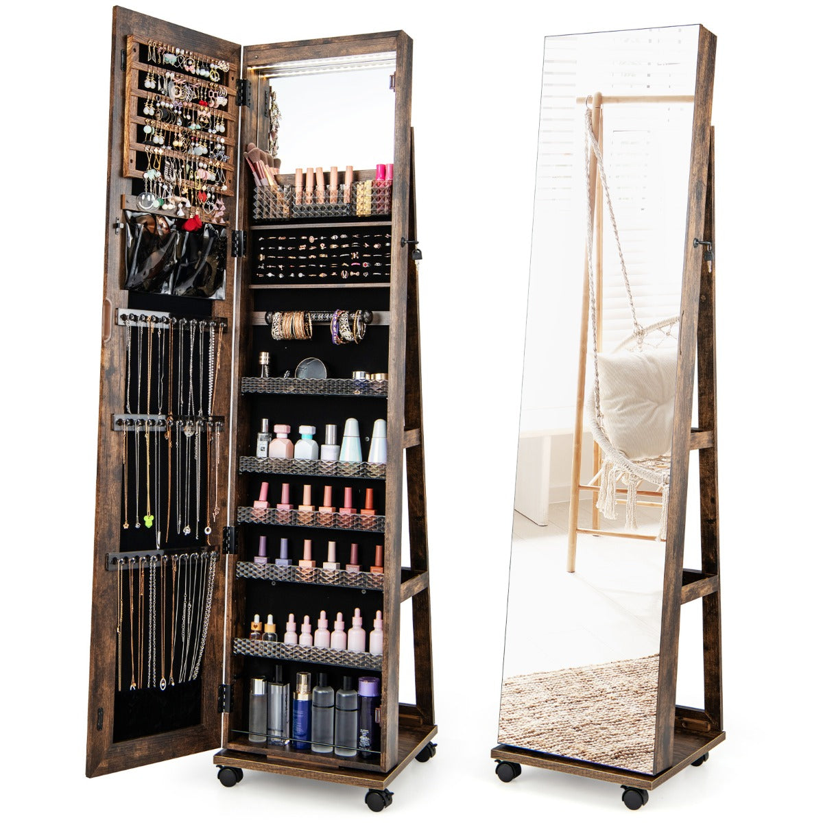 Armário para Joias com Fechadura Espelho de Maquilhagem LED de 3 Cores Prateleiras Ajustáveis e Rodas Universais 40 x 38 x 164 cm Café