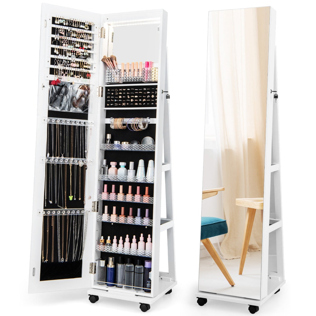 Armário para Joias com Fechadura Espelho de Maquilhagem LED de 3 Cores Prateleiras Ajustáveis e Rodas Universais 40 x 38 x 164 cm Branco