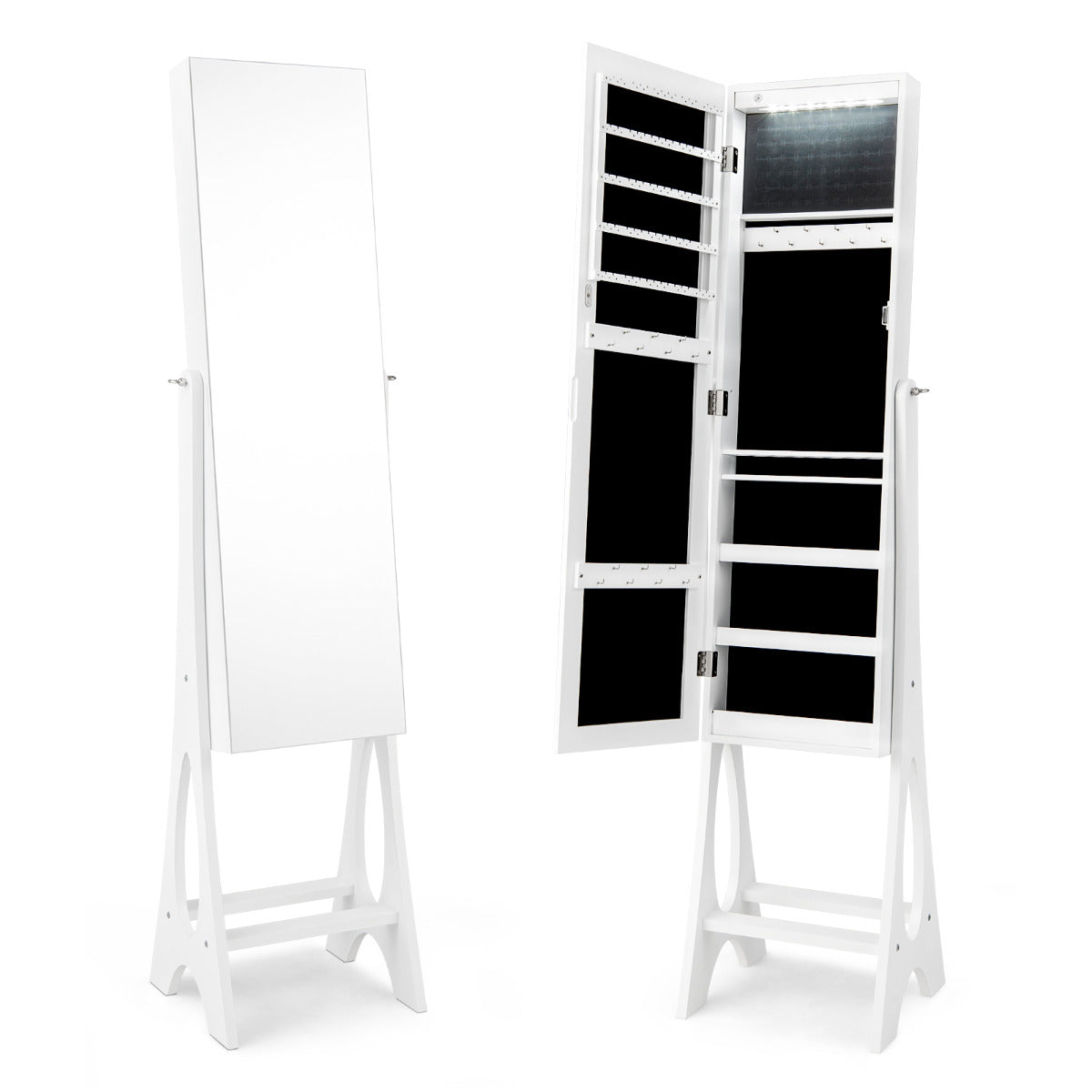 Armário para Joalharia com Espelho de Corpo Inteiro sem Moldura, Luzes LED Incorporadas e Prateleira de Armazenamento 36 x 33,5 x 154,5 cm Branco