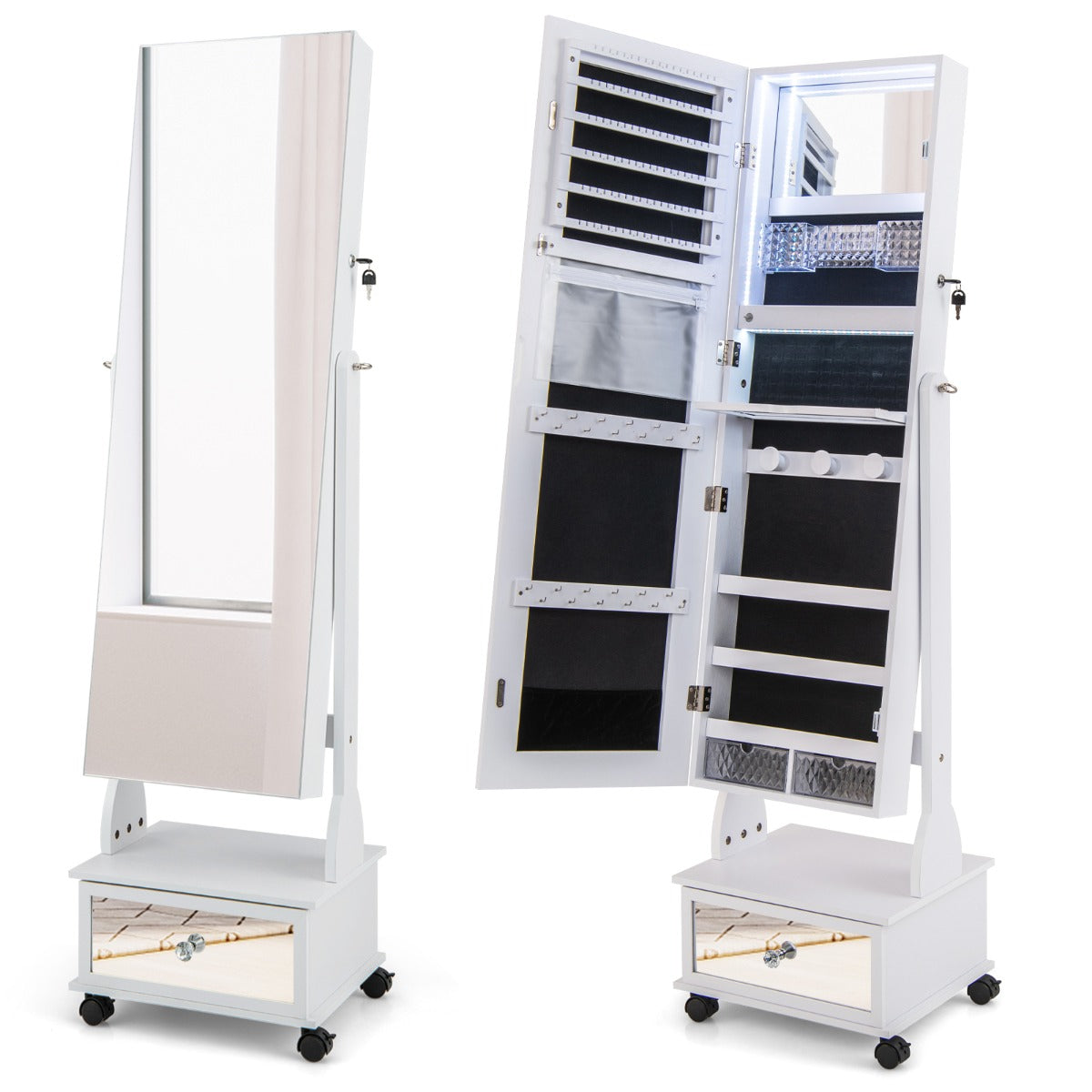 Armário para Joalharia com Espelho de Corpo Inteiro Ângulo Ajustável Luzes LED de 3 Cores Prateleira Dobrável 42 x 35 x 159 cm Branco
