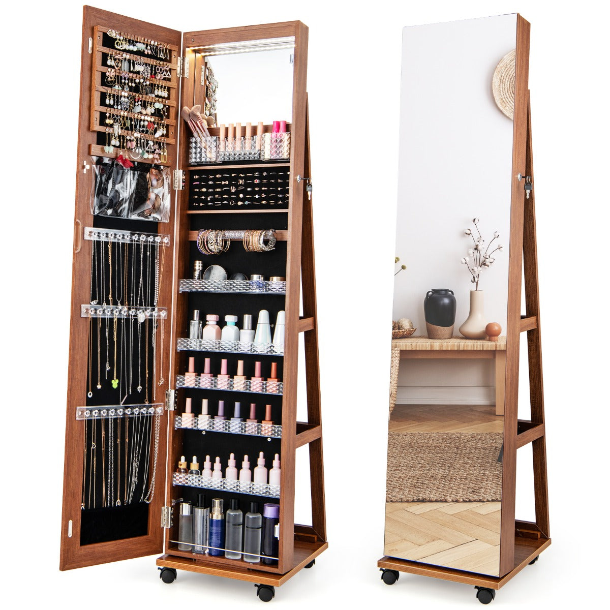 Armário para Joias com Fechadura Espelho de Maquilhagem LED de 3 Cores Prateleiras Ajustáveis e Rodas Universais 40 x 38 x 164 cm Castanho