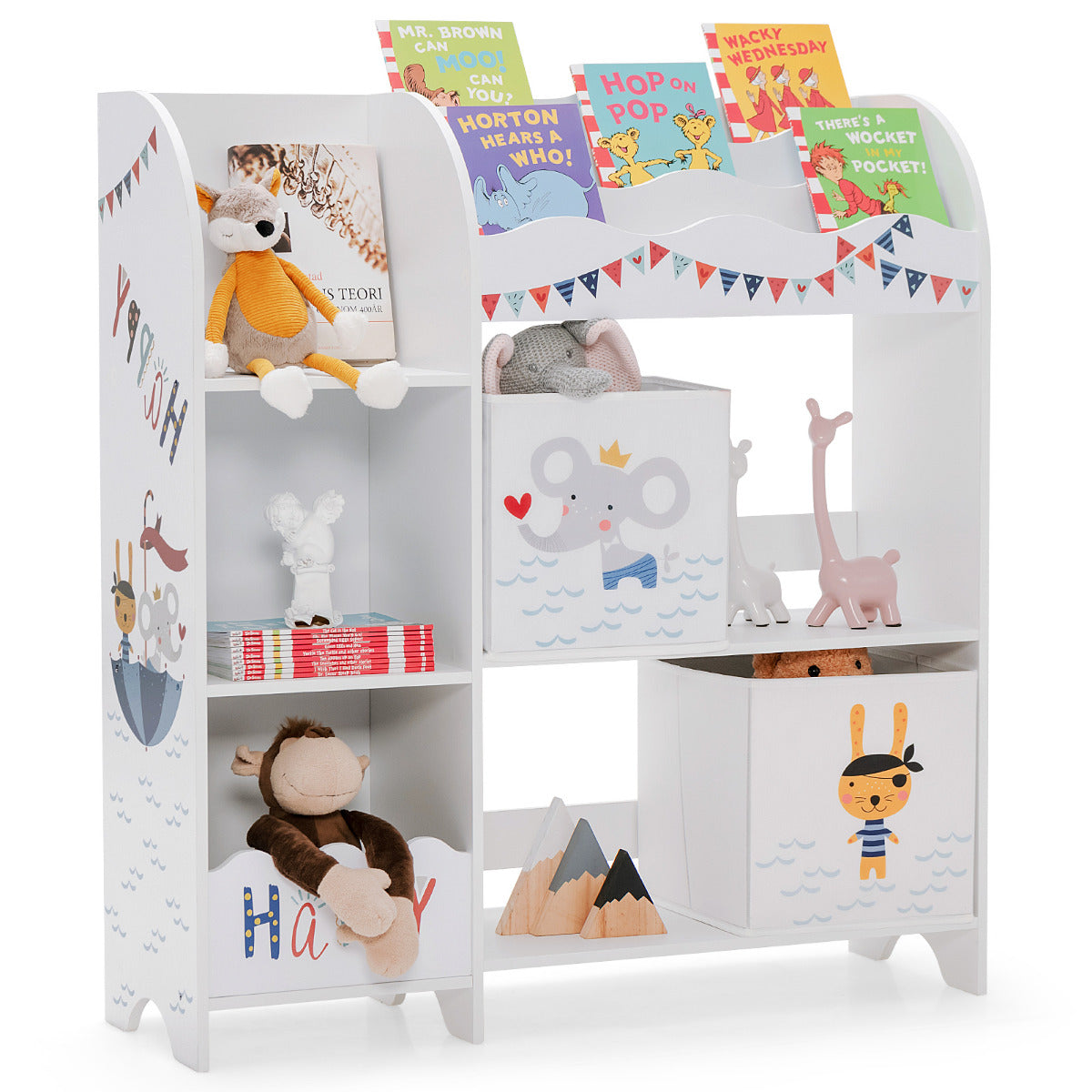 Armário Infantil Organizador com 3 Níveis e 5 Compartimentos 2 Gavetas de Tecido para Livros Brinquedos 93 x 30 x 102 cm Branco