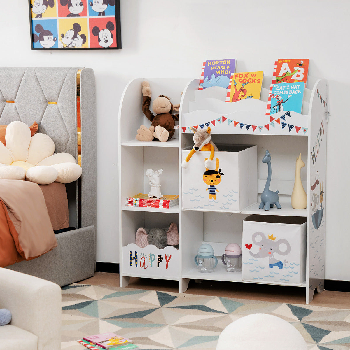 Armário Infantil Organizador com 3 Níveis e 5 Compartimentos 2 Gavetas de Tecido para Livros Brinquedos 93 x 30 x 102 cm Branco