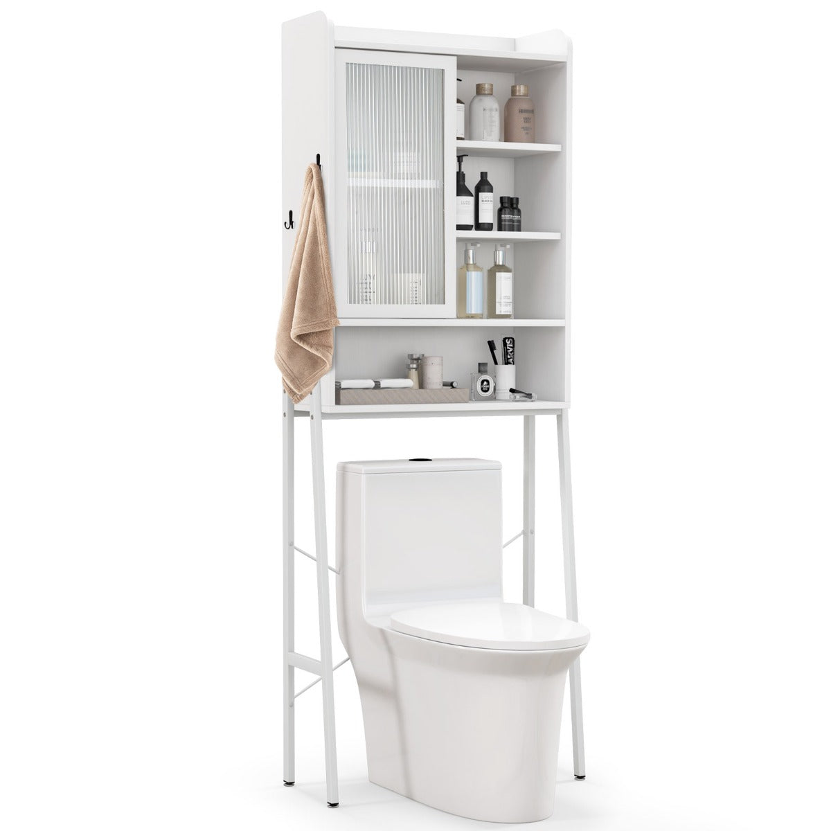 Armário de Armazenamento sobre o Vaso Sanitário com Porta de Correr em Acrílico Estantes Ajustáveis Estrutura de Metal 63 x 29 x 170 cm - Branco