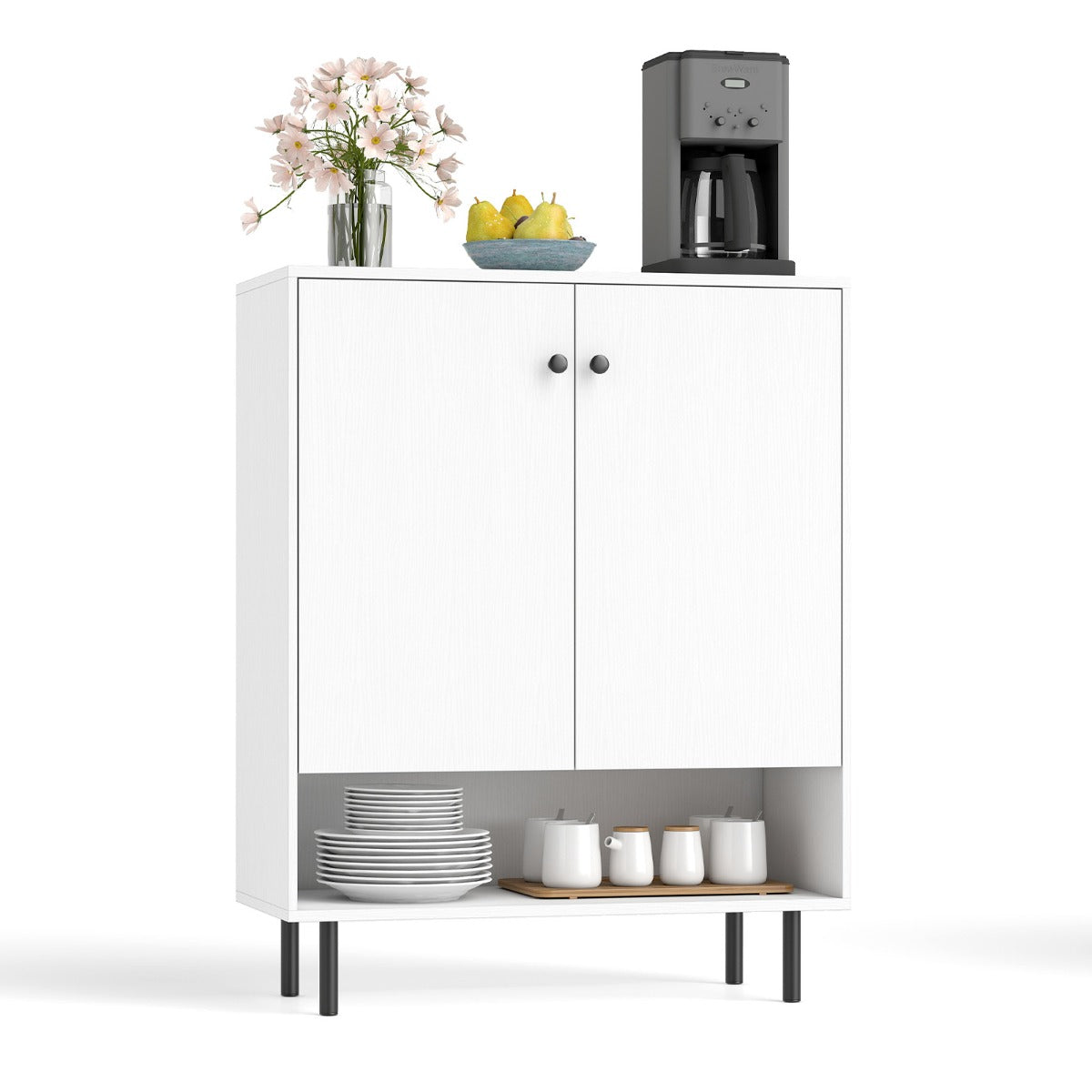 Armário Aparador Buffet com 2 Portas Estante Ajustável de 5 Níveis Compartimento Aberto para Quarto Corredor 75 x 35 x 95 cm Branco