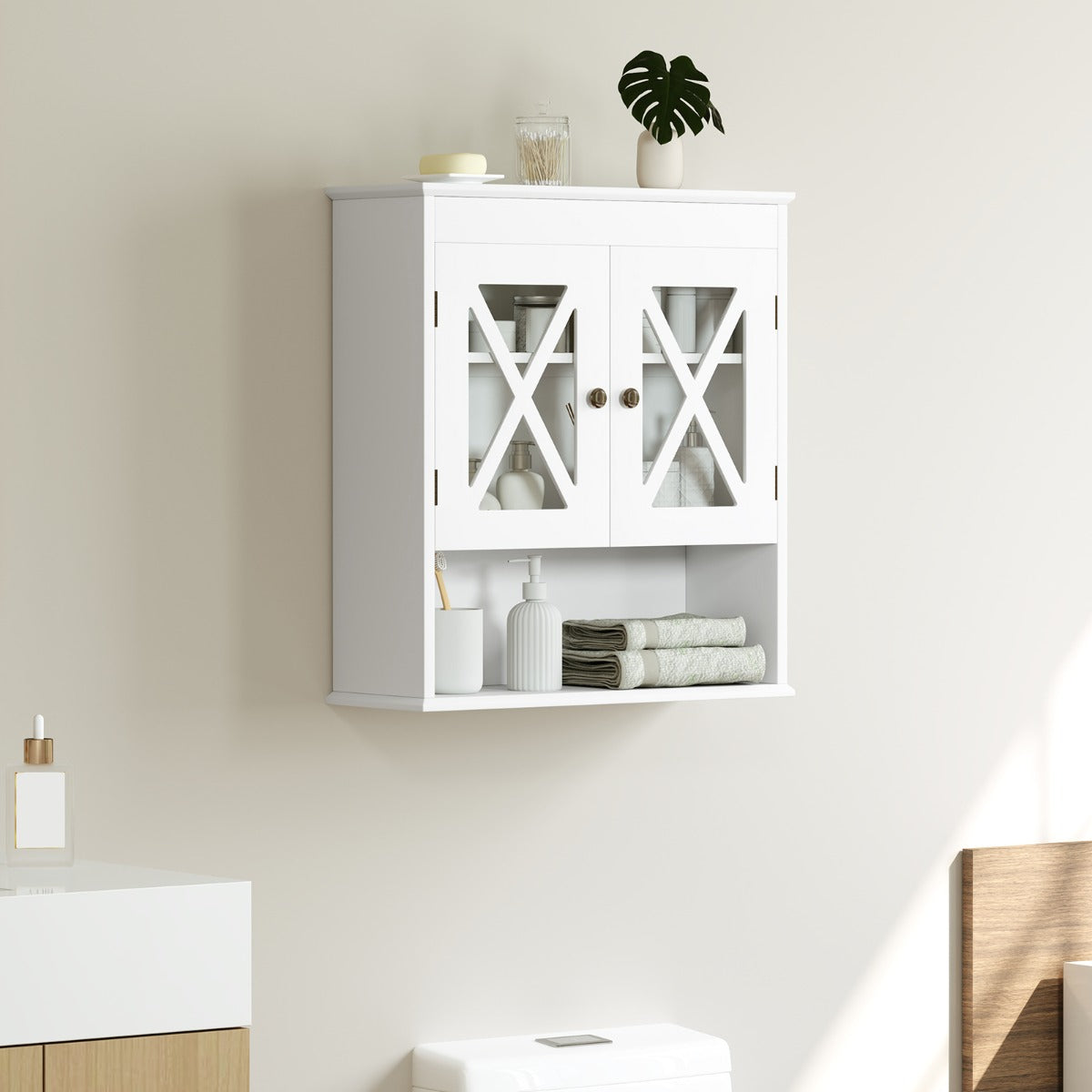 Armário de Parede Armário de Casa de Banho com Prateleira Ajustável Prateleira Aberta Gabinete Montado na Parede com 2 Portas Transparentes Branco