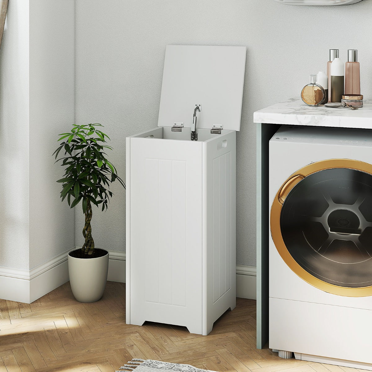 Armário com Grande Capacidade para Casa de Banho com Tampa de Dobradiça em Metal, Pega Lateral e Bolso Interior 30 x 30 x 61 cm Branco