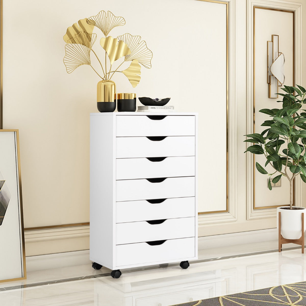 Armário de 7 Gavetas Arquivador Lateral Móvel com Rodas Cómoda Organizadora com Gavetas Móvel para Escritório Quarto Branco