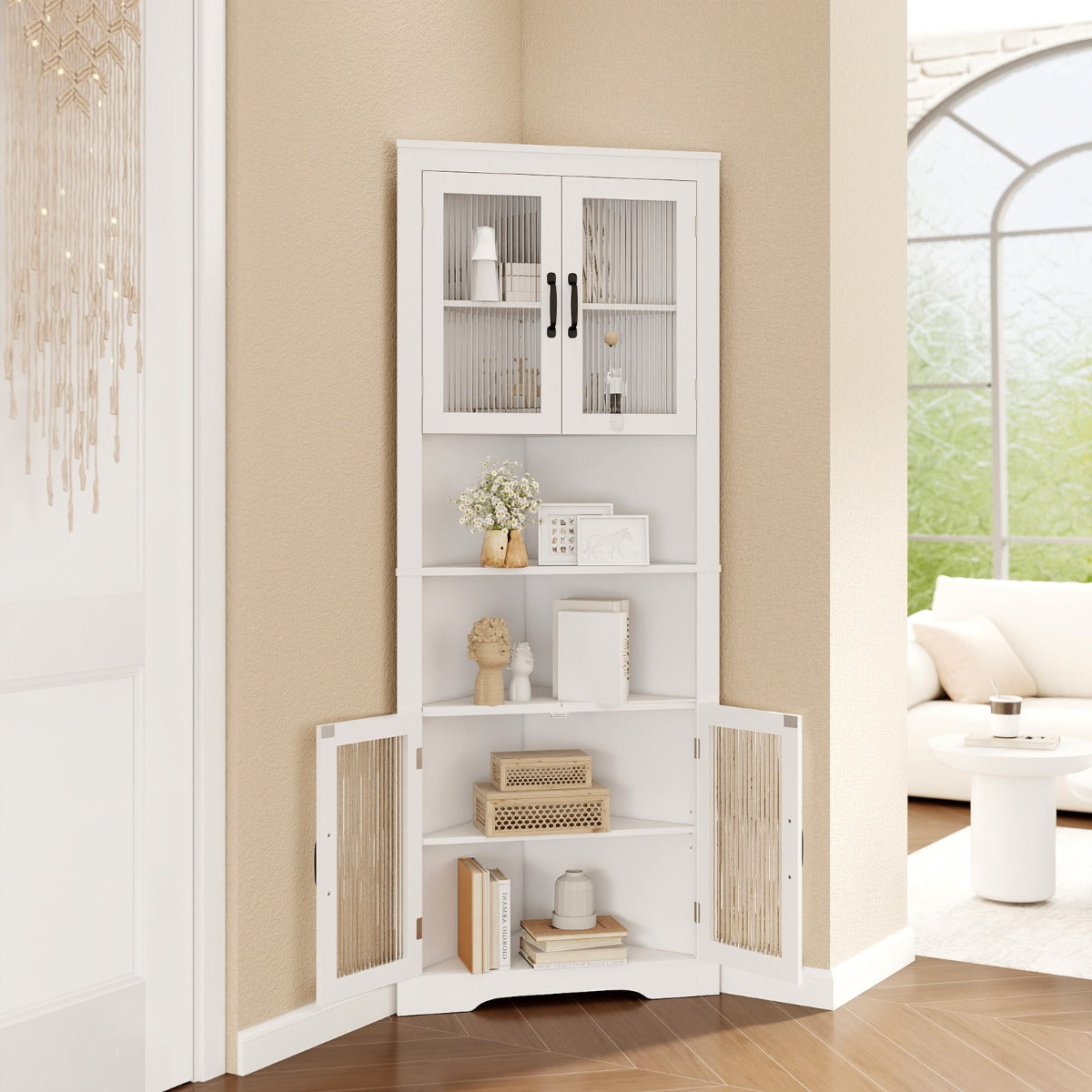 Armário de Canto Alto de 6 Níveis com Portas de Vidro e Prateleiras Ajustáveis em 3 Posições para Cozinha Escritório 66 x 35 x 171cm Branco