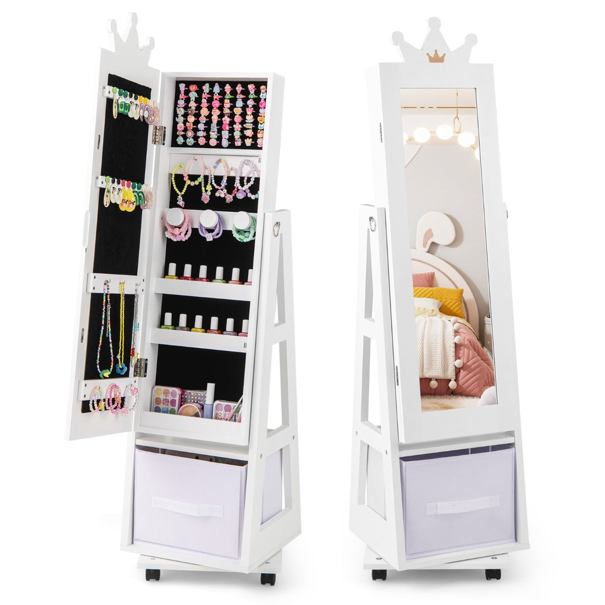 Armário de Joalharia para Crianças com Espelho de Corpo Inteiro e Gaveta Dobrável para Crianças em Quarto 31,5 x 30 x 122 cm Branco