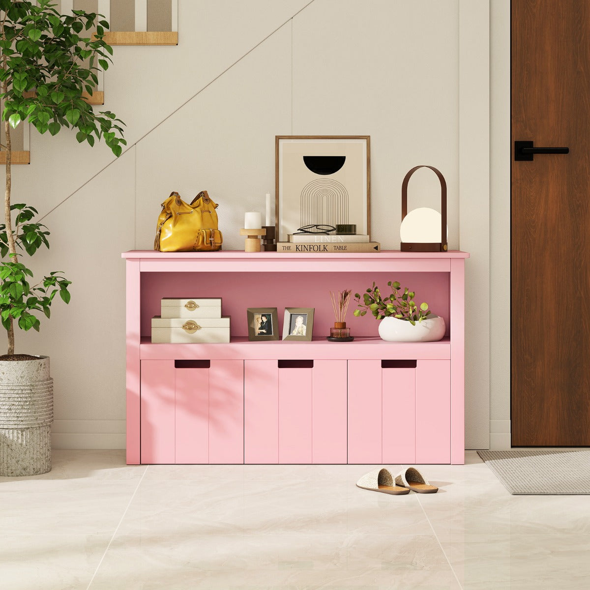 Armário com 3 Gavetas Estante de Madeira com Rodas e Cubos para Brinquedos das Crianças Espaçoso Organizador Durável Rosa