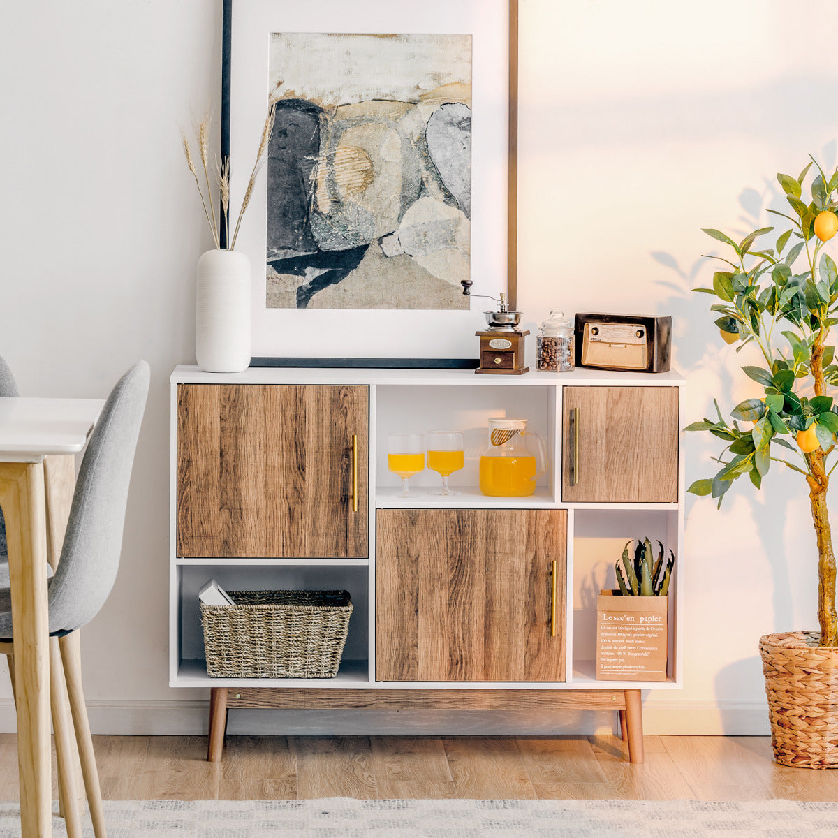 Móvel de TV Consola Armário com 3 Portas e Compartimentos Moderno Despensa Multiusos Branco e Café 95 x 33 x 77,5 cm