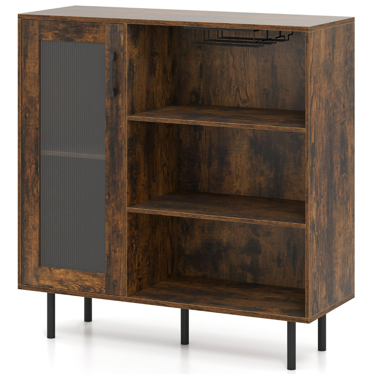 Armário para Vinhos com 3 Compartimentos Abertos, Suporte para Copos, Estante Ajustável e Porta Única para Cozinha 95 x 35 x 98 cm Castanho