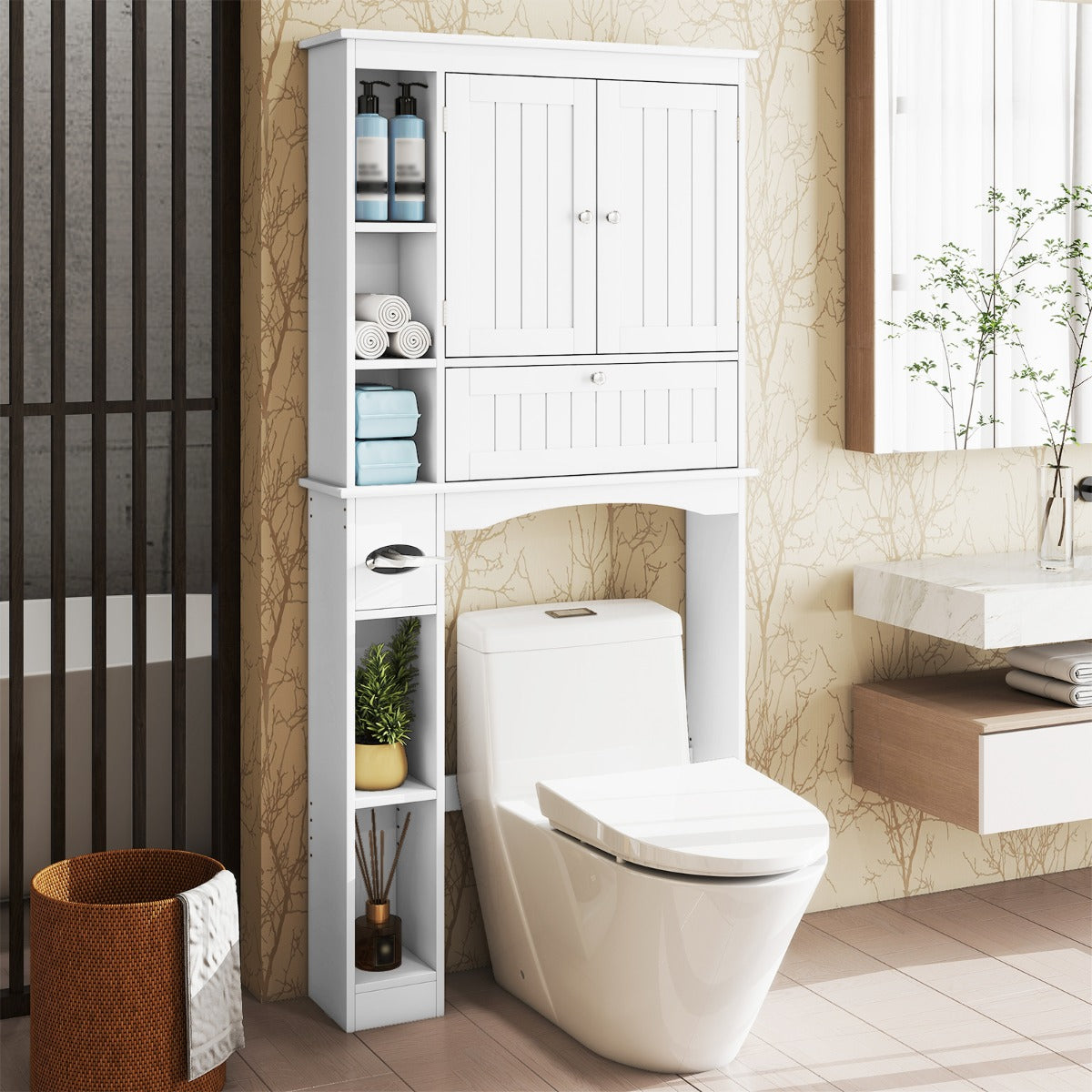 Armário de Armazenamento Sobre o Vaso Sanitário com 2 Portas Prateleira Ajustável e Barra Inferior Suporte para Papel Higiénico Organizador Branco