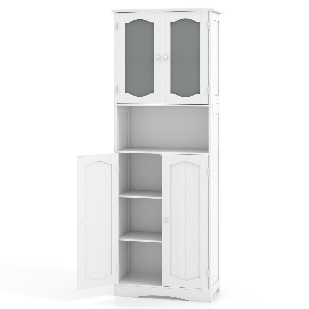 Armário Alto de Armazenamento para Casa de Banho com Portas de Vidro Fosco Prateleiras Cozinha Sala Branco